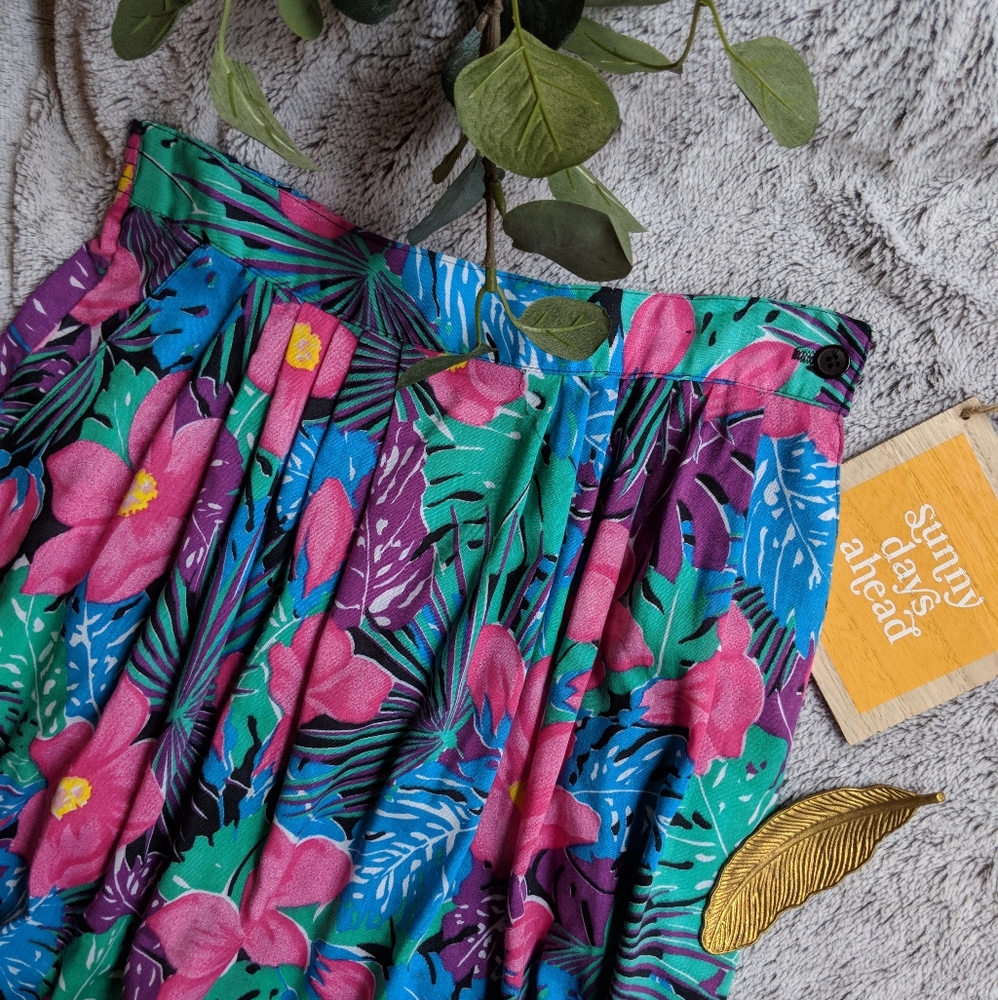 Vintage tropical pleated midi skirt w/ pockets!